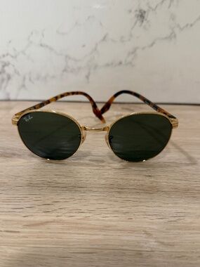 Ray-Ban Round Metal Sunglasses Gold Tortoise Green Lens w/ Case